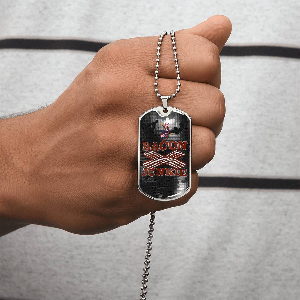 Funny Bacon Junkie Bacon Lover Carbon Fiber Camo Dog-Tag Necklace - Army Tag Necklace, Dog Tag Necklace