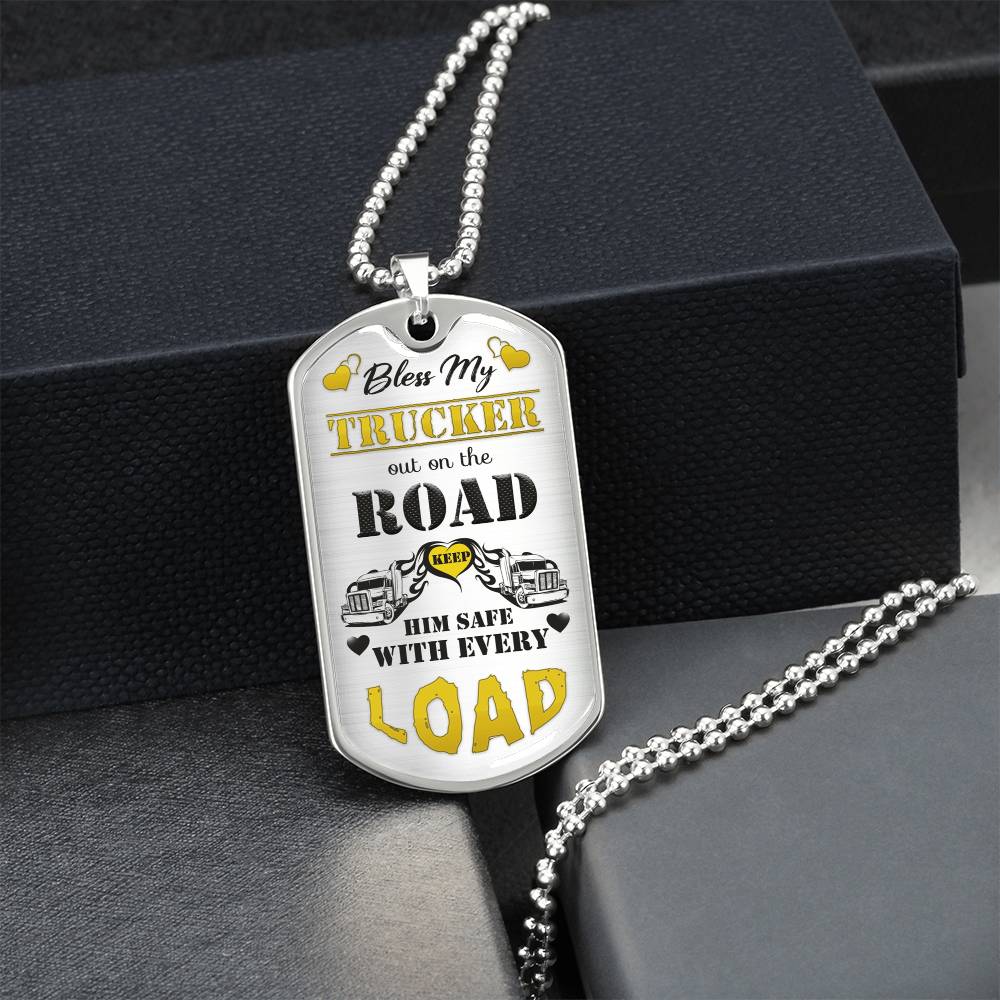 Bless My Trucker - Gift For Trucker - Truck Driver Gifts - Gift From Truckers Wife - Army Tag Necklace, Dog Tag Necklace