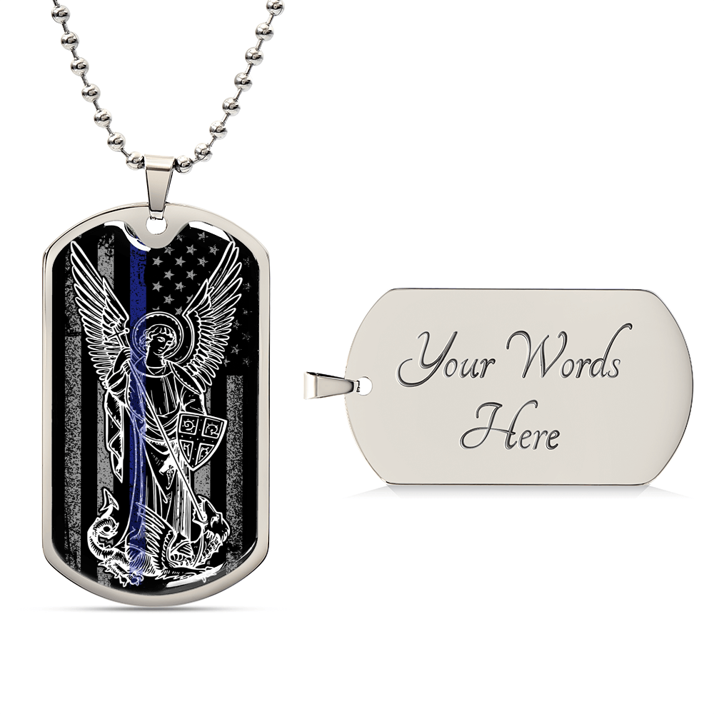 Police Officer Thin Blue Line With Archangel Michael - Military Style Dogtag - Army Tag Necklace, Dog Tag Necklace