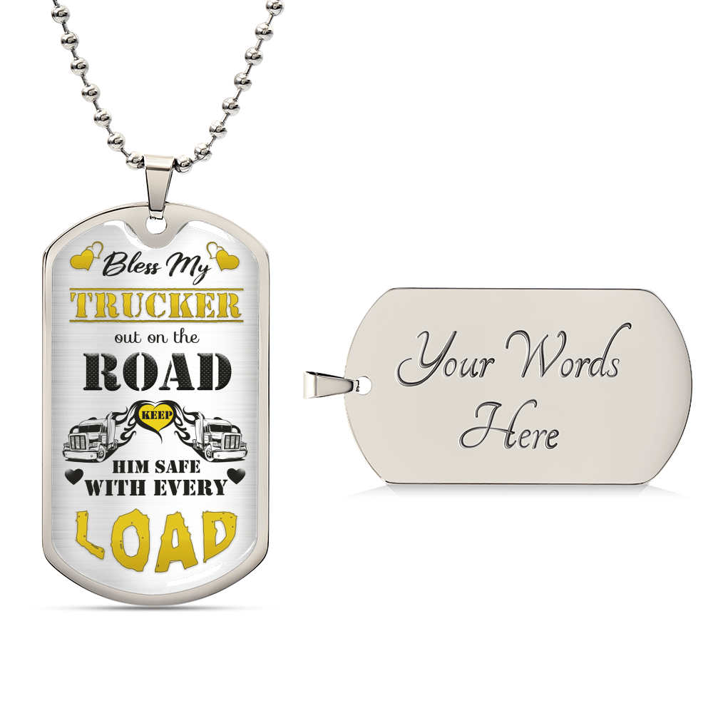 Bless My Trucker - Gift For Trucker - Truck Driver Gifts - Gift From Truckers Wife - Army Tag Necklace, Dog Tag Necklace
