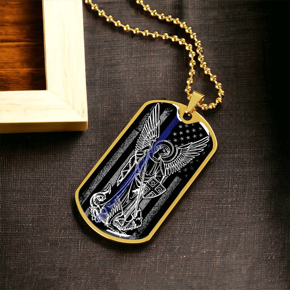 Police Officer Thin Blue Line With Archangel Michael - Military Style Dogtag - Army Tag Necklace, Dog Tag Necklace