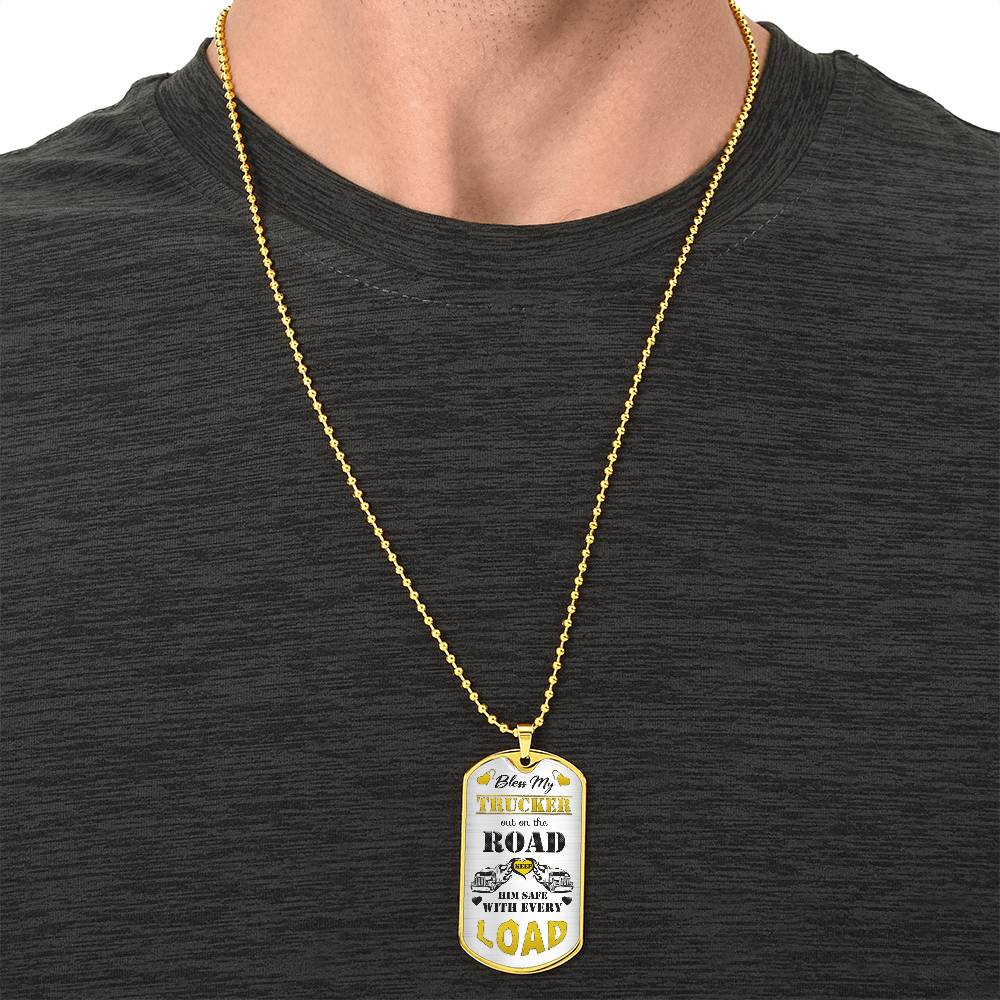 Bless My Trucker - Gift For Trucker - Truck Driver Gifts - Gift From Truckers Wife - Army Tag Necklace, Dog Tag Necklace