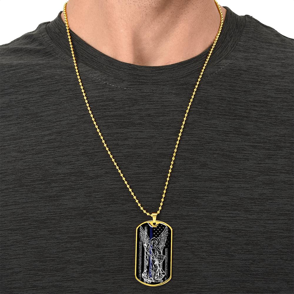 Police Officer Thin Blue Line With Archangel Michael Dogtag - Army Tag Necklace, Dog Tag Necklace