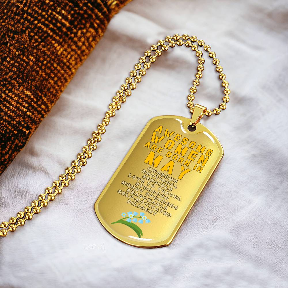 Awesome Women Are Born In May Luxury Necklace With Dog Tag Gold - Army Tag Necklace, Dog Tag Necklace
