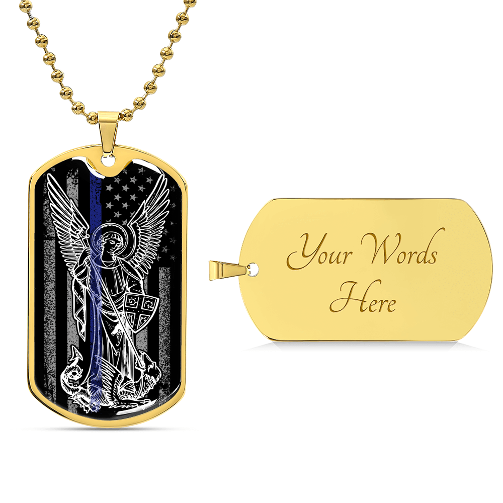 Police Officer Thin Blue Line With Archangel Michael - Military Style Dogtag - Army Tag Necklace, Dog Tag Necklace