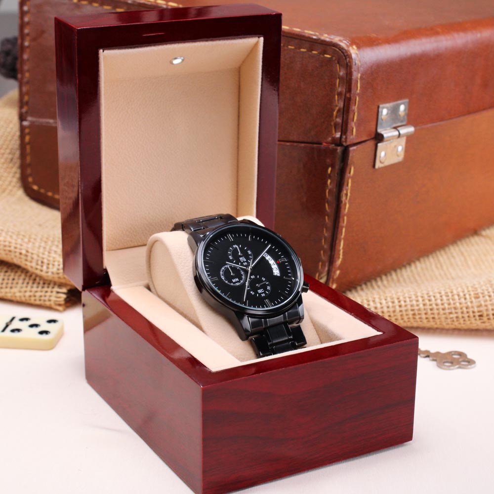To Father - Fatherhood In A Sense Is An Apprenticeship To Godhood - Engraved Design Black Chronograph Watch - By Zahara Engraving Chronograph Watch