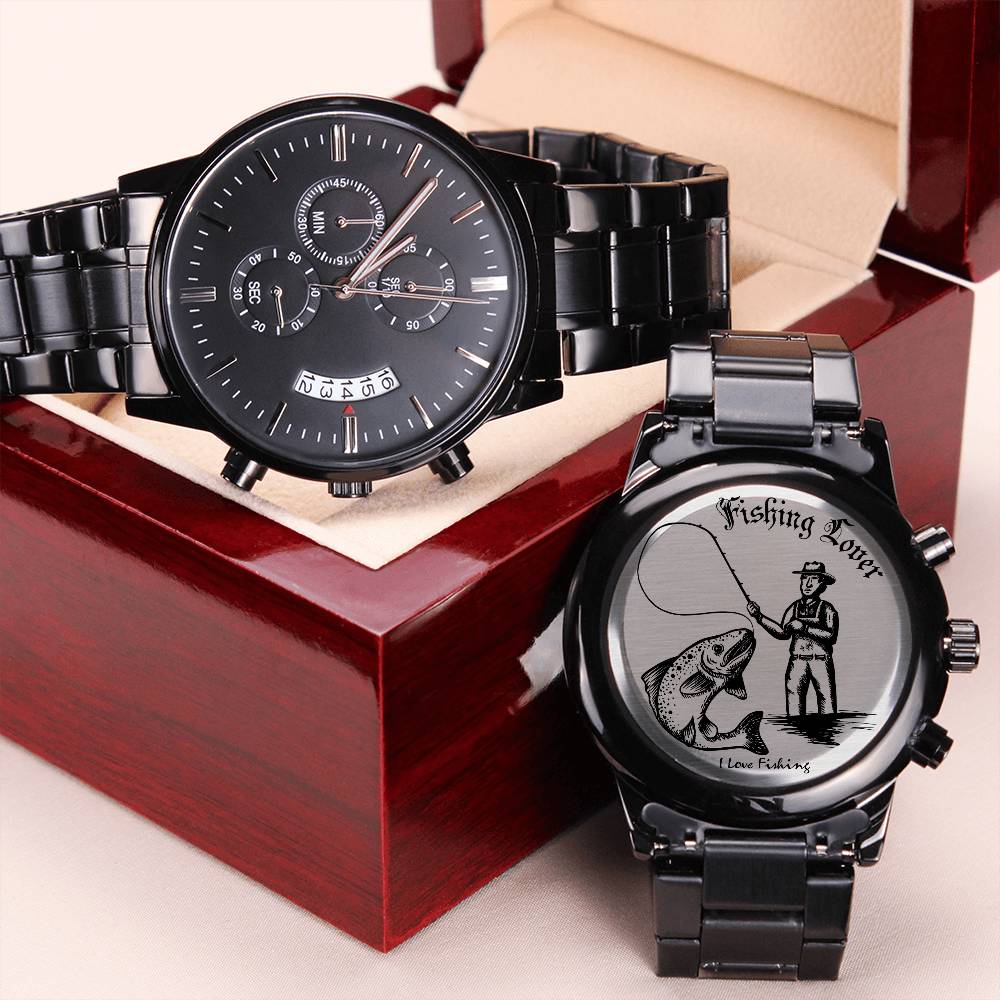 Fishing Lover Engraved Design Black Chronograph Watch Engraving Chronograph Watch