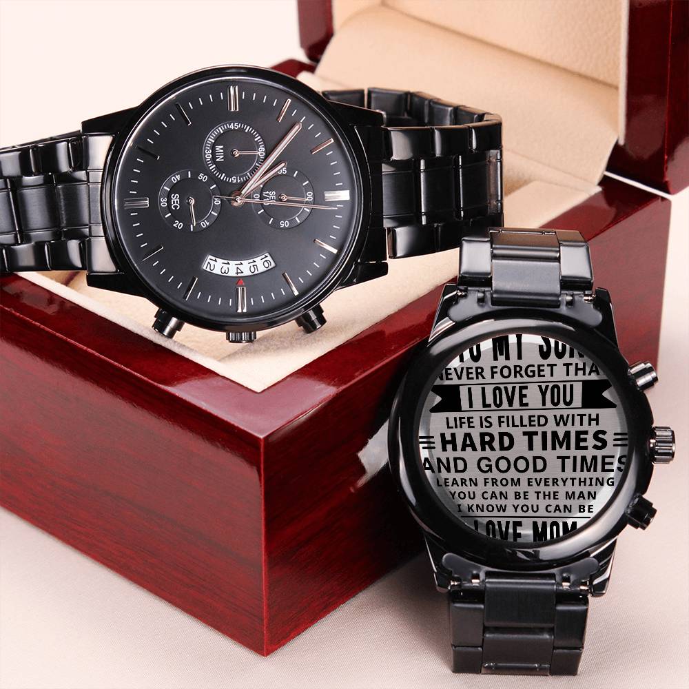 From Mom To Son Never Forget That I Love You Engraved Design Black Chronograph Watch For Men Engraving Chronograph Watch