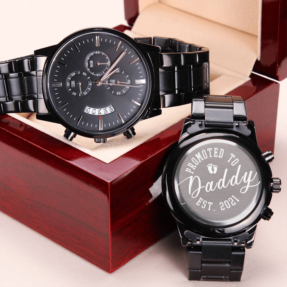 Promoted To Daddy Engraved Black Chronograph Watch Father's Day Engraving Chronograph Watch
