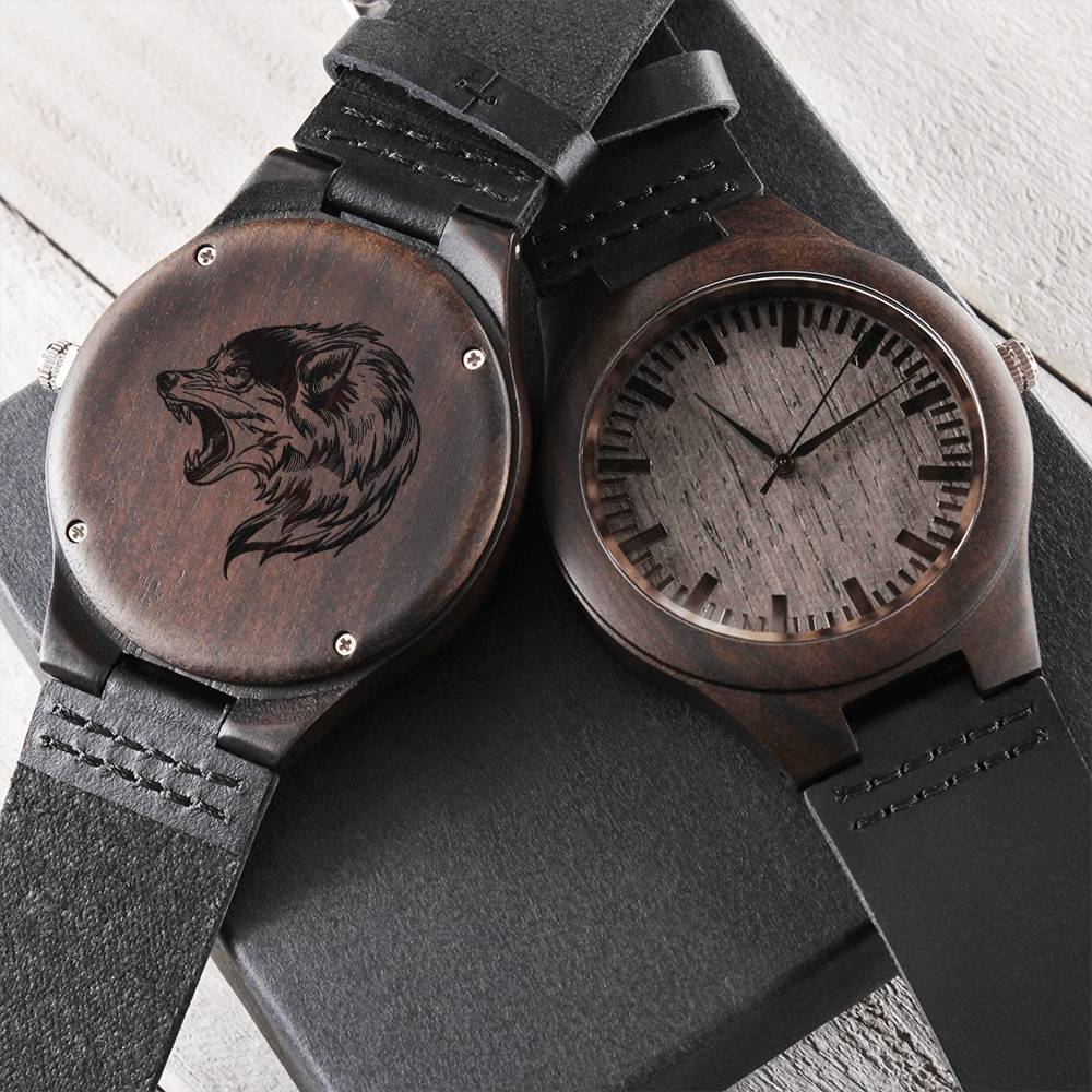 Gray Wolf Howling Engraved Wooden Watch