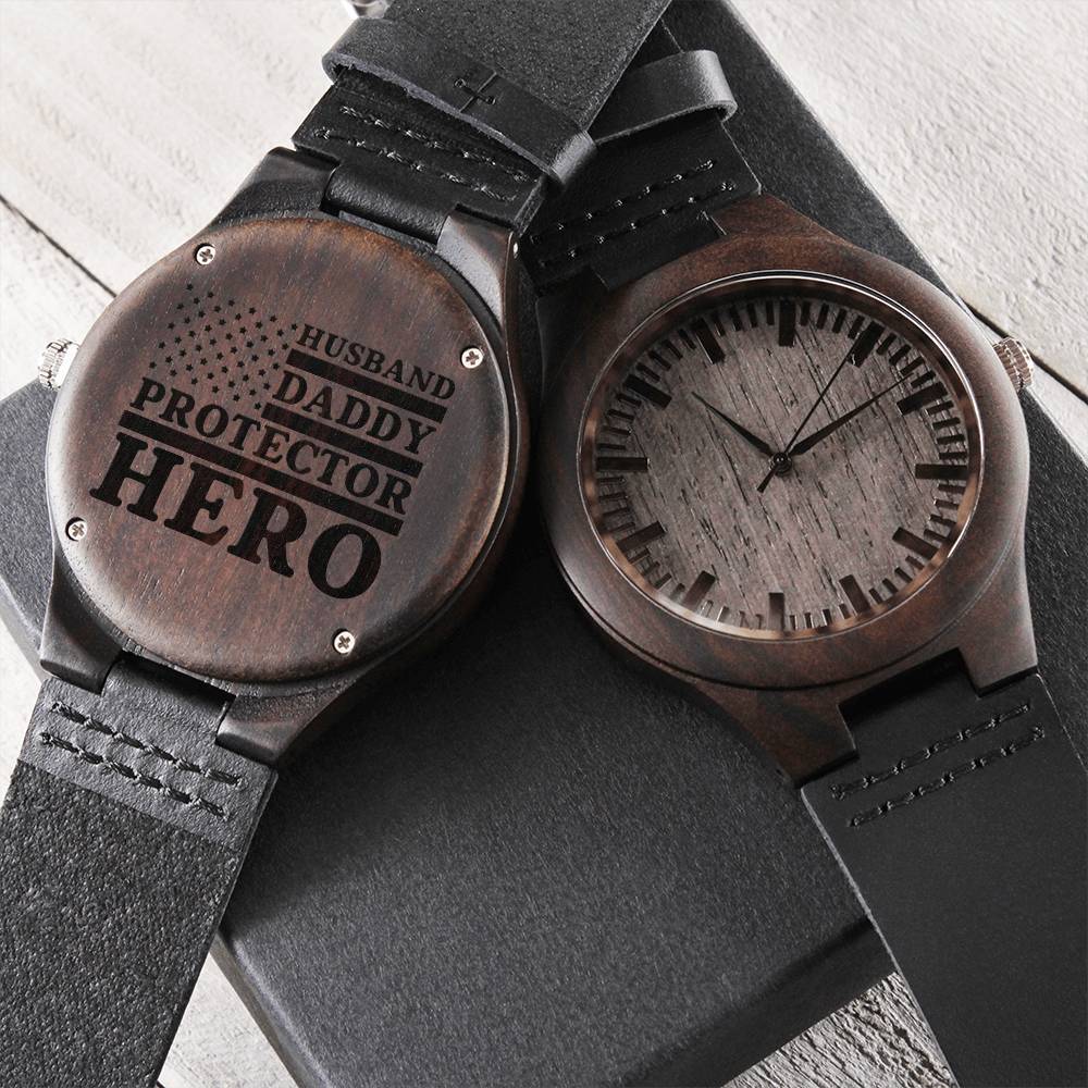 Husband Daddy Protector Hero Husband - Daddy - Protector - Hero - Black Wooden Watch Police Husband Gift New Daddy Pol Engraved Wooden Watch