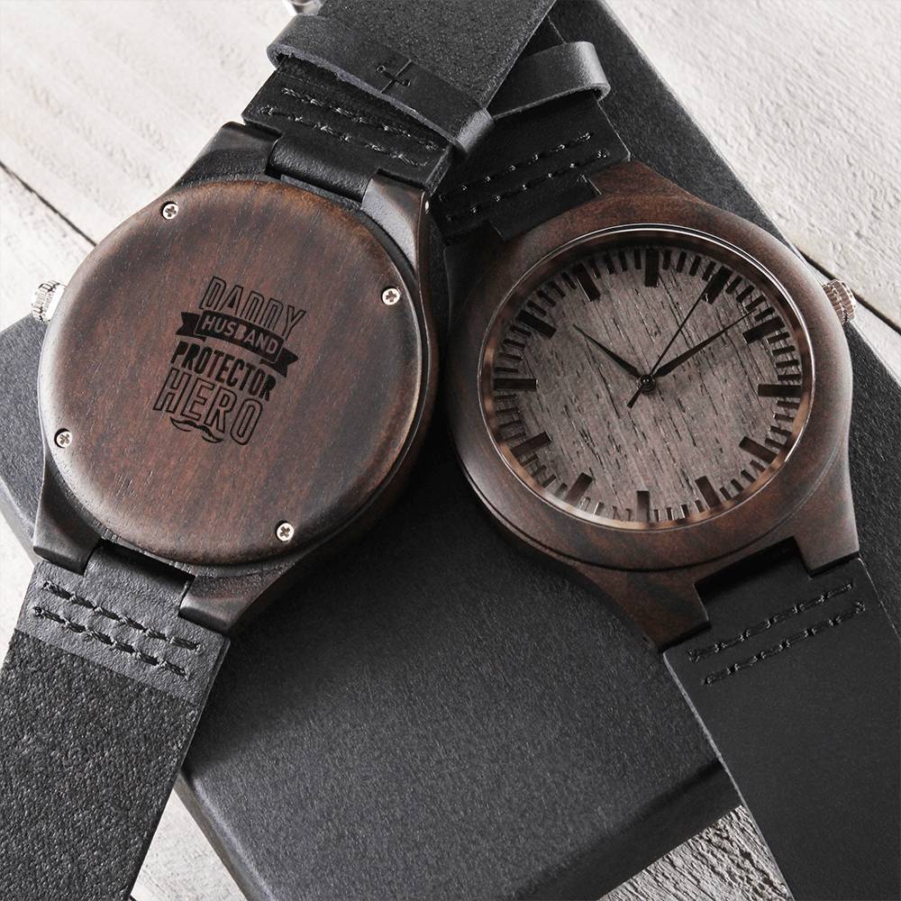 Husband - Daddy - Protector - Hero - Black Chronograph Watch Fire Fighter Dad Gift Fire Fighter Husband Personalized G Engraved Wooden Watch