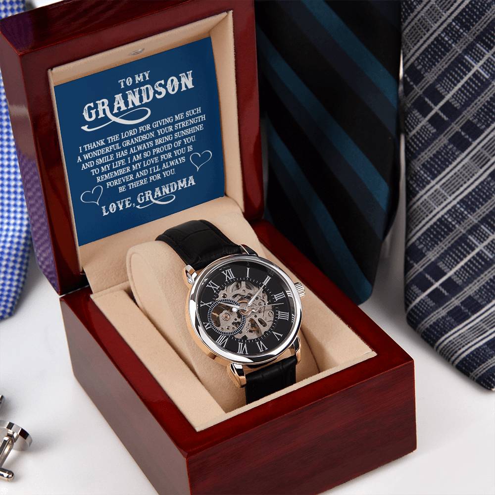 To My Grandson - Love Grandma - I Thank The Lord For Giving Me Such - Men's Openwork Watch - Gifts For Grandson