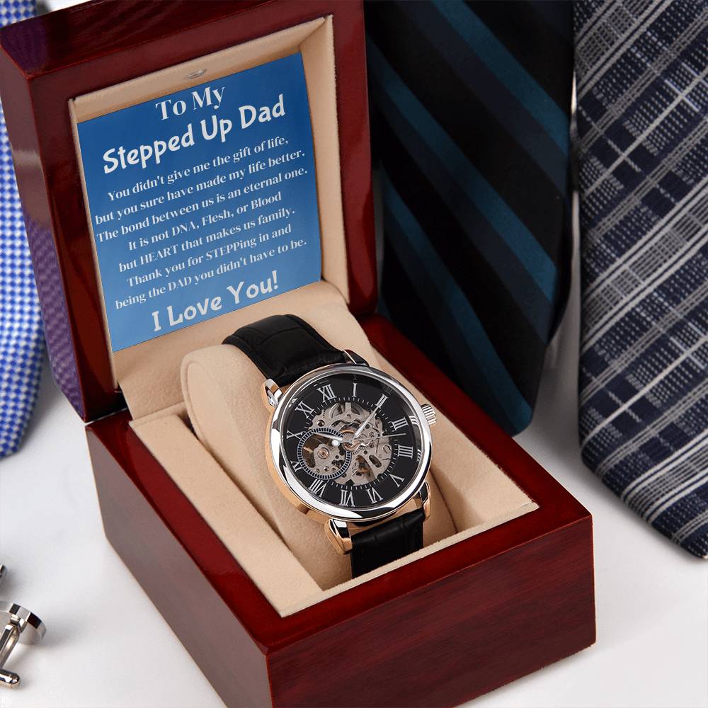 Men Skeleton Leather Band Automatic Movement Stepped Up Bonus Dad Gift Openwork Watch