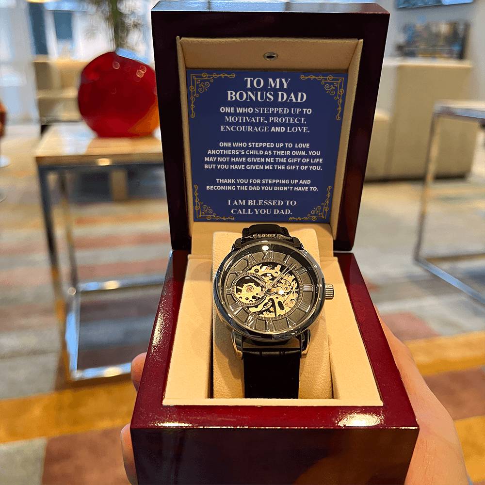 Step Dad Gift From Step Daughter Openwork Automatic Leather Strap Mens Watch Gift For Men To My Bonus Dad Stepped Up Dad Gift(6) Openwork Watch