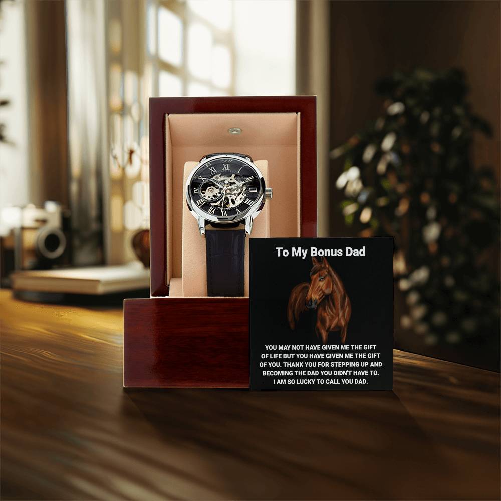 Step Dad Gift From Step Daughter Openwork Automatic Leather Strap Mens Watch Gift For Men To My Bonus Dad Stepped Up Dad Gift Openwork Watch