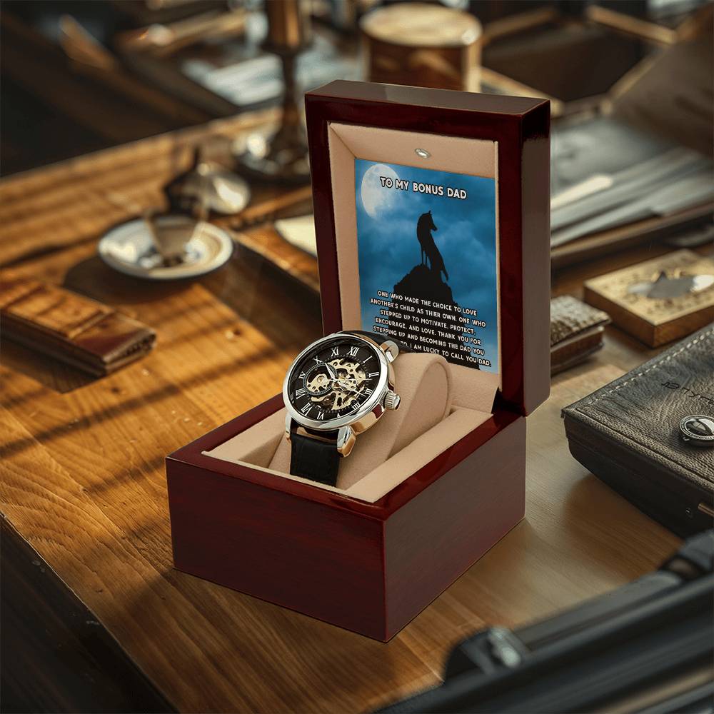 Step Dad Gift From Step Daughter Openwork Automatic Leather Strap Mens Watch Gift For Men To My Bonus Dad Stepped Up Dad Gift(1) Openwork Watch