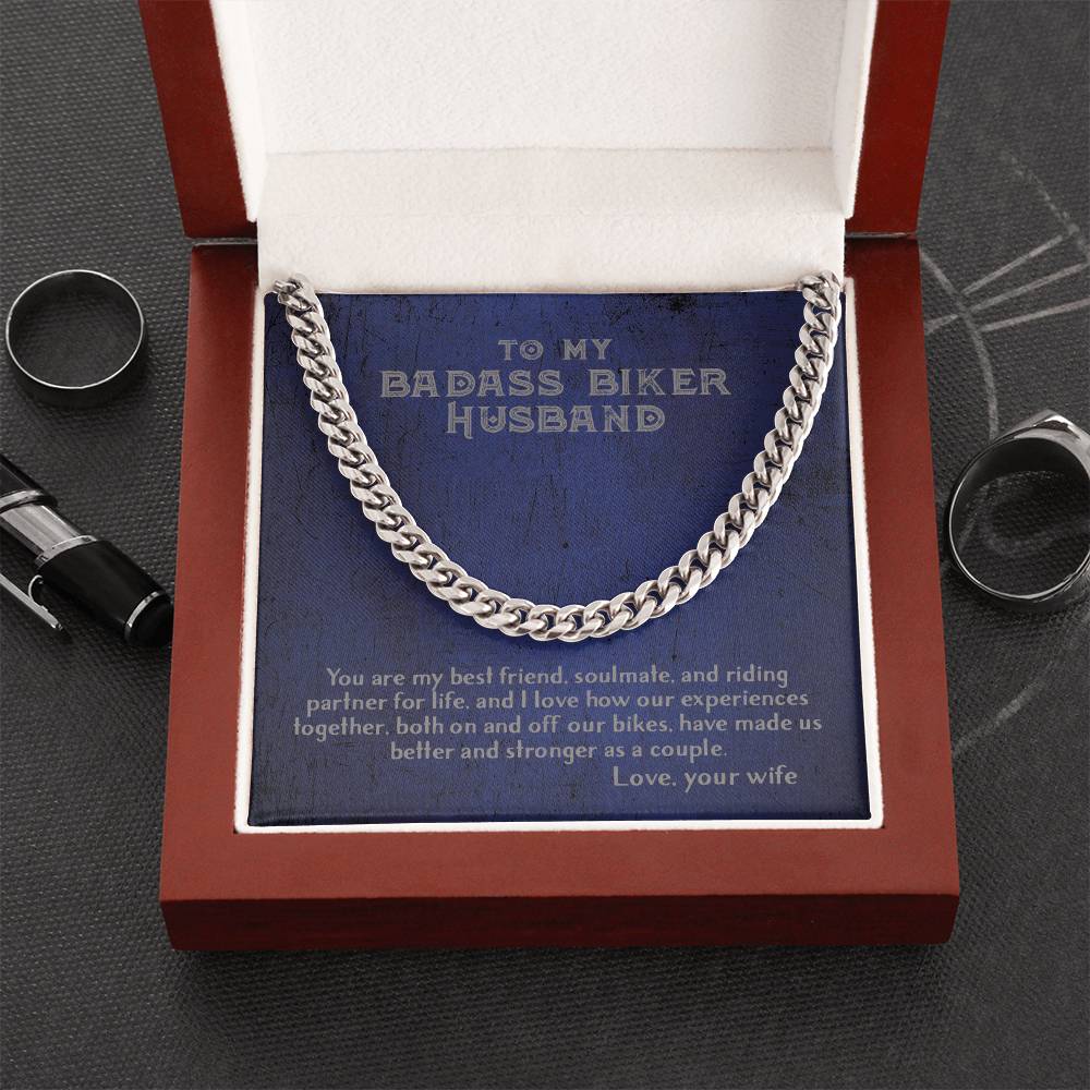To My Badass Biker Husband From Wife - Cuban Link Chain Necklace For Biker Motorcycle Couple Gift For Him