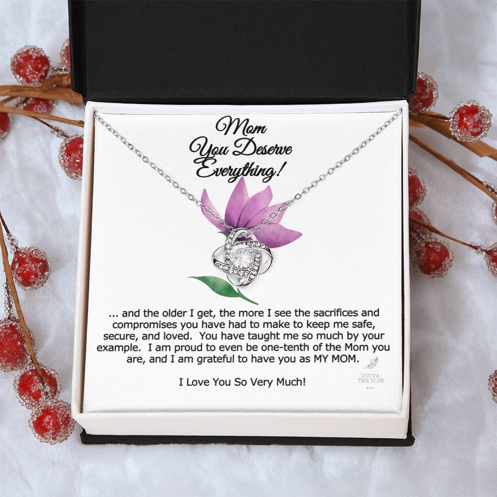 Mom You Deserve Everything Card And Love Knot Symbol 14K Over Stainless Steel Cz Necklace Mother's Day Birthday Anytime Gift From Daughter Love Knot Necklace