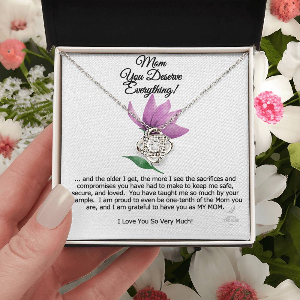 Mom You Deserve Everything Card And Love Knot Symbol 14K Over Stainless Steel Cz Necklace Mother's Day Birthday Anytime Gift From Daughter Love Knot Necklace