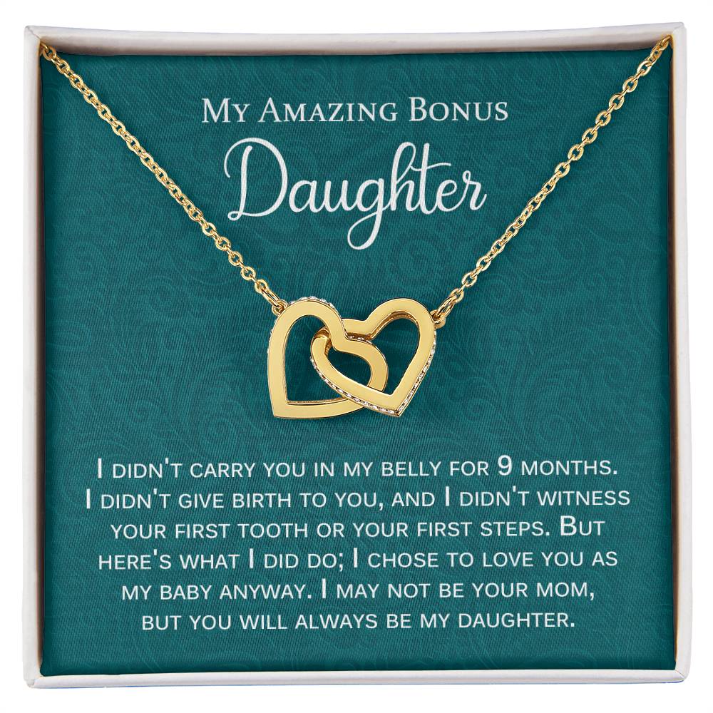 My Amazing Bonus Daughter Gift With Message Interlocking Hearts Necklace