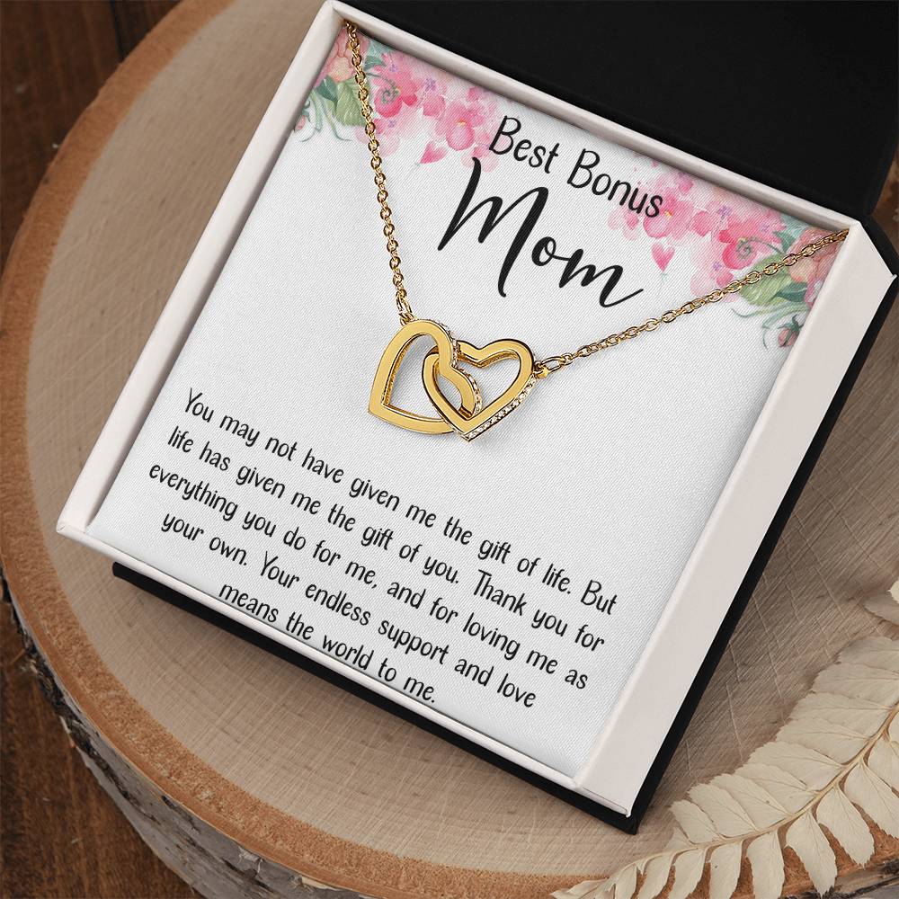 Best Bonus Mom Interlocking Hearts Necklace Message Card
