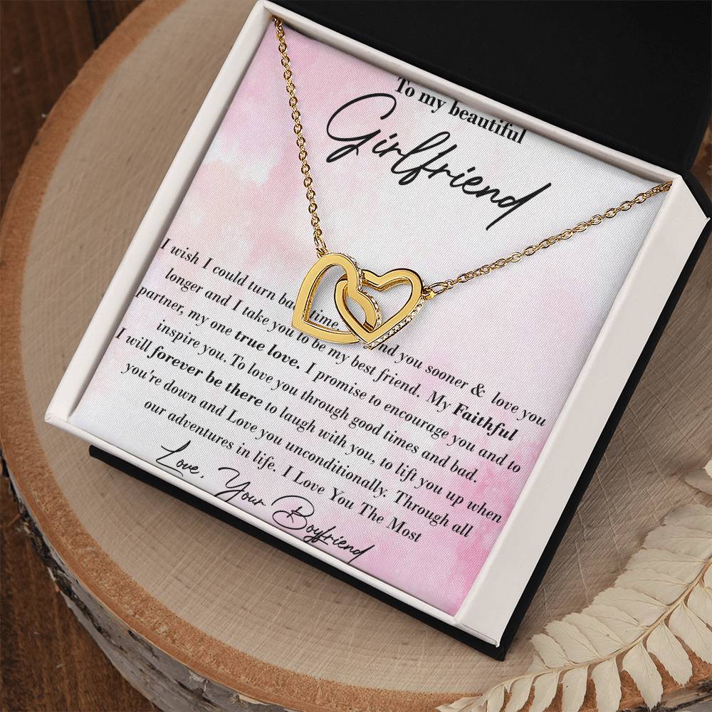 To My Beautiful Girlfriend Interlocking Hearts Necklace Message Card