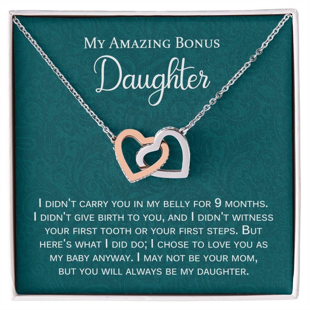My Amazing Bonus Daughter Gift With Message Interlocking Hearts Necklace