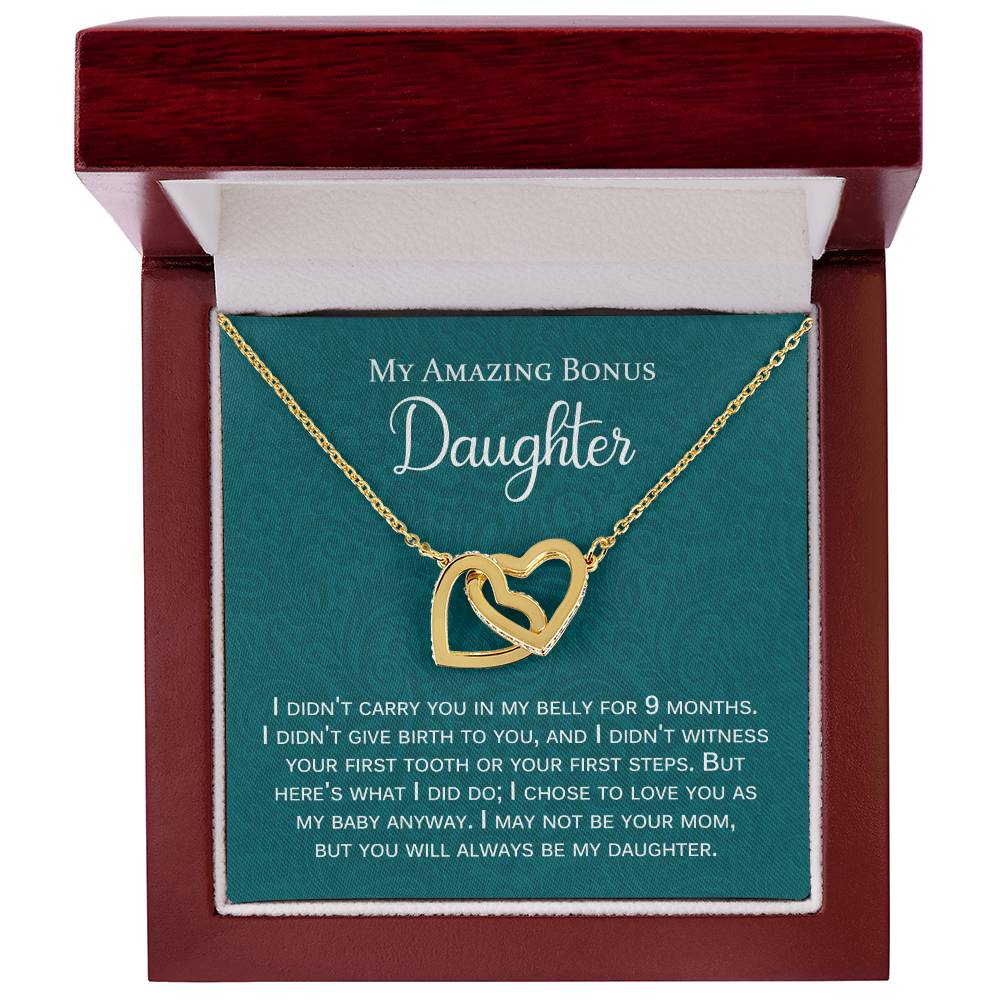 My Amazing Bonus Daughter Gift With Message Interlocking Hearts Necklace