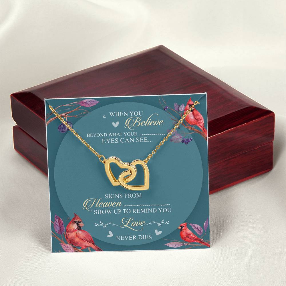 When You Believe Beyond What Your Eyes Can See Interlocking Hearts Necklace Cardinal Bird