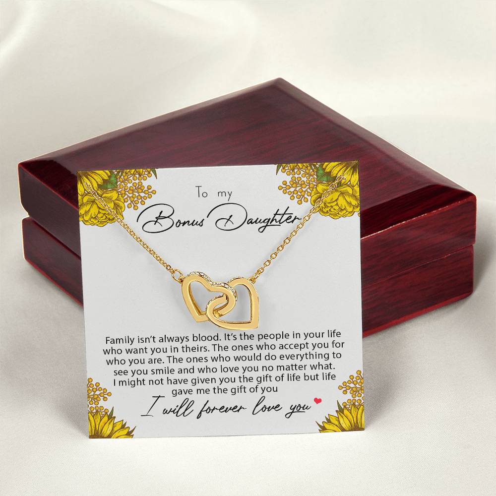 To My Bonus Daughter Family Isn'T Always Blood Interlocking Hearts Necklace