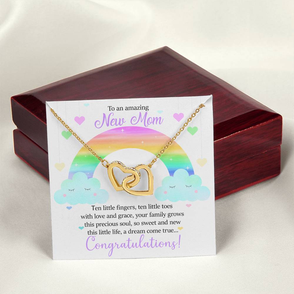 To An Amazing New Mom - Ten Little Fingers Ten Little Toes - Hearts Interlocking Hearts Necklace
