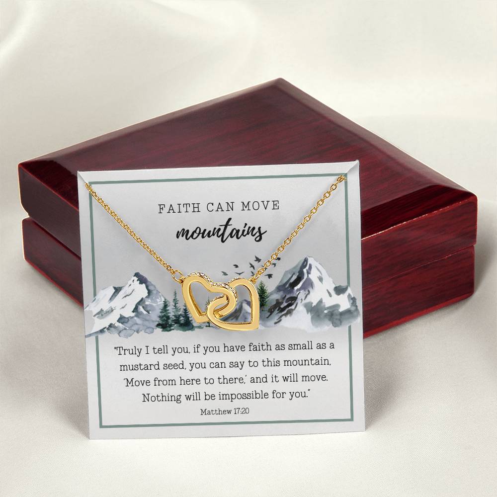Scripture Encouragement Interlocking Hearts Necklace Matthew 1720 Winter Mountains