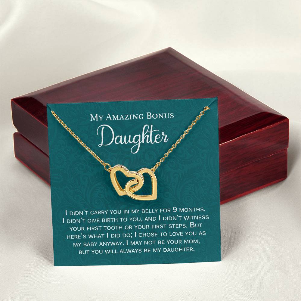 My Amazing Bonus Daughter Gift With Message Interlocking Hearts Necklace