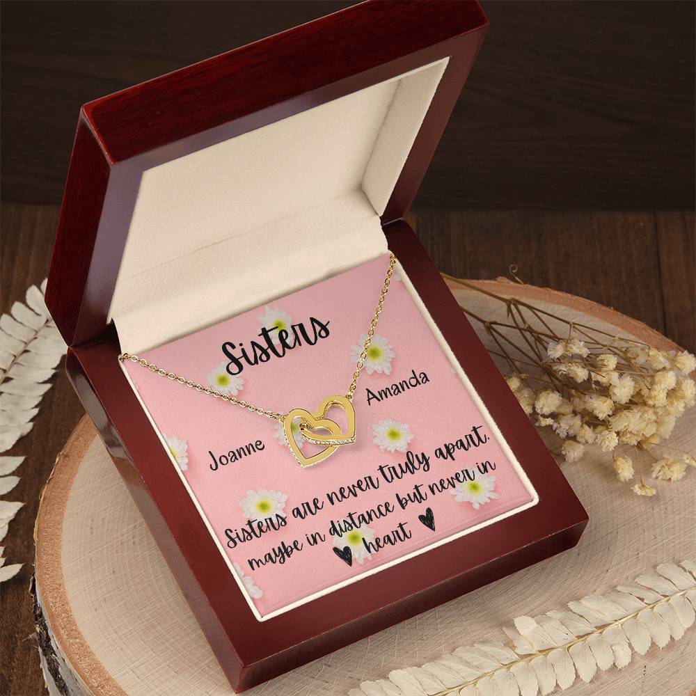 Sisters - Interlocking Necklace - Daisy Background - Personalized Interlocking Hearts Necklace