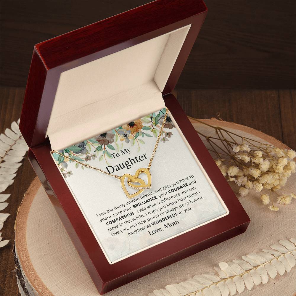 To My Daughter - As Wonderful As You - Necklace. Embellished With Cubic Zirconia Stones. Interlocking Hearts Necklace