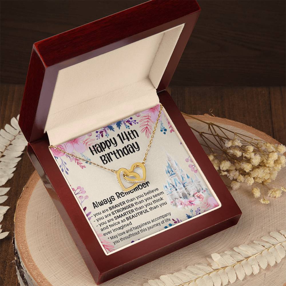 Happy 14Th Birthday Necklace Gift For Daughter Gift For 14 Years Old Teen 14 Year Old Birthday Girl Custom Card Interlocking Hearts Necklace