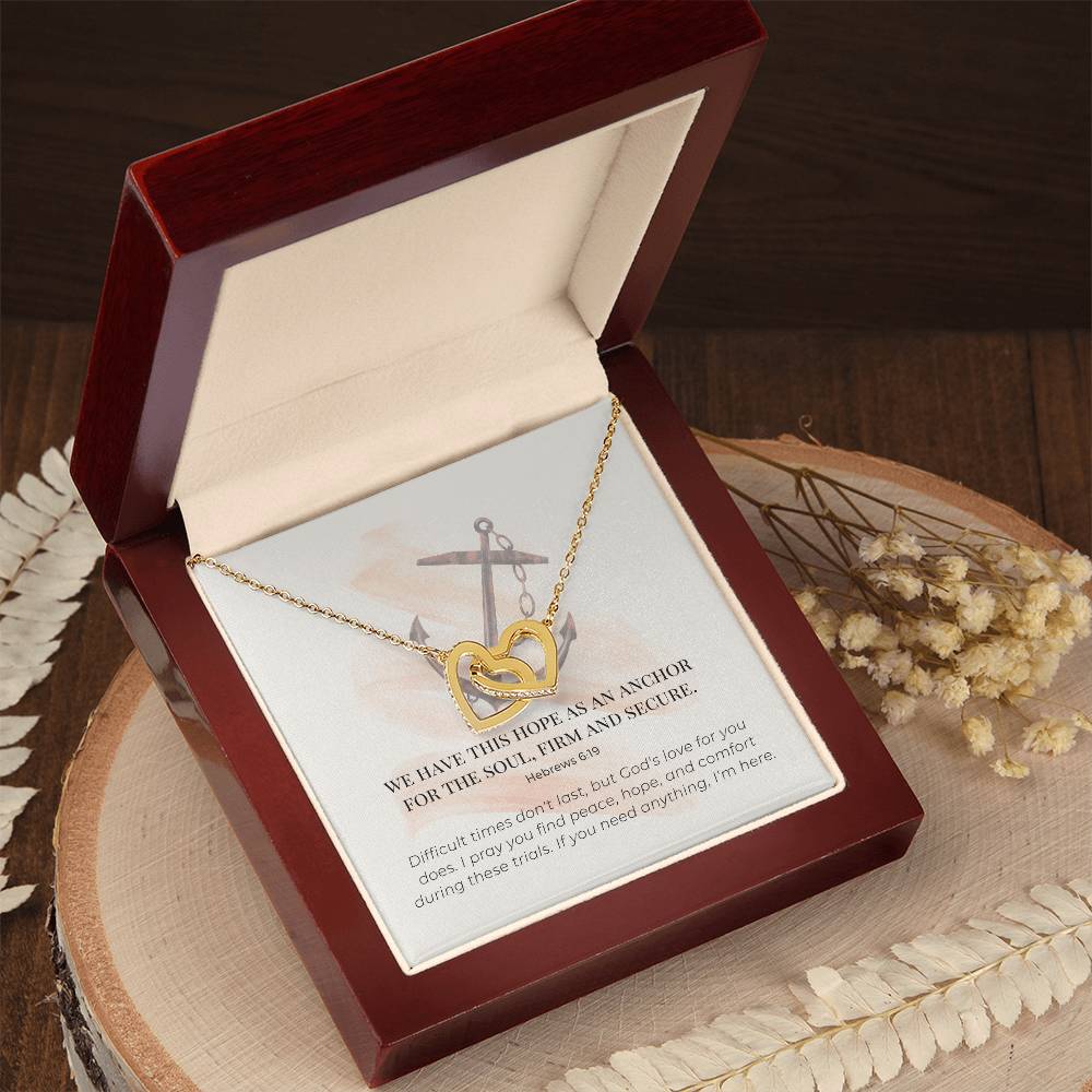 Scripture Encouragement Interlocking Hearts Necklace Hebrews 619 Cream Brush