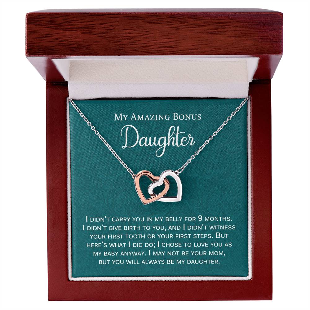 My Amazing Bonus Daughter Gift With Message Interlocking Hearts Necklace