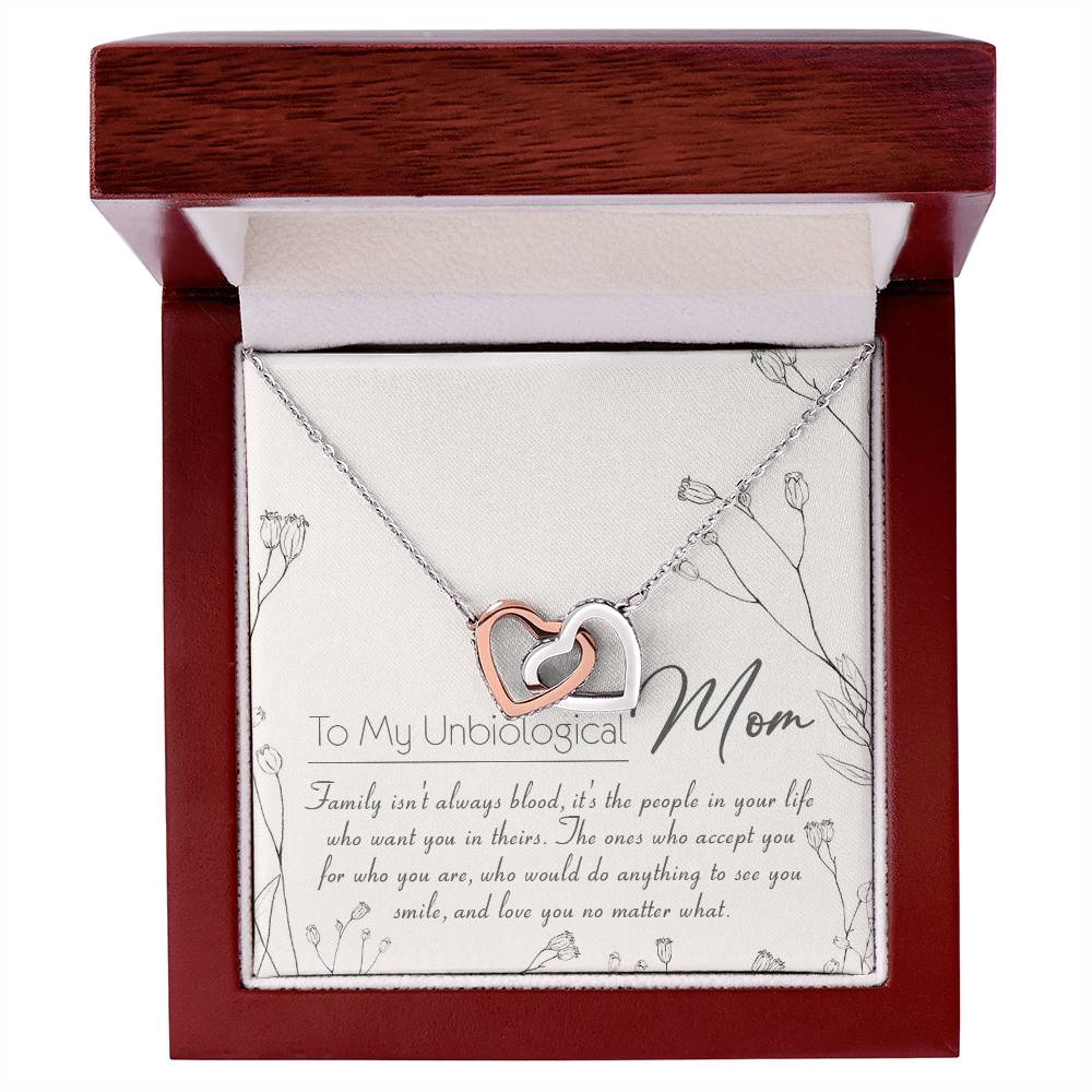 To My Unbiological Mom Interlocking Hearts Necklace Message Card