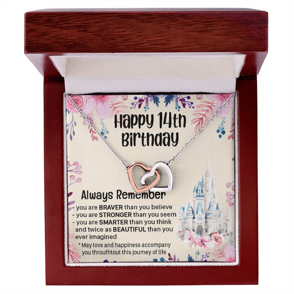 Happy 14Th Birthday Necklace Gift For Daughter Gift For 14 Years Old Teen 14 Year Old Birthday Girl Custom Card Interlocking Hearts Necklace