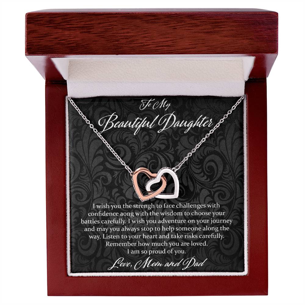 To My Beautiful Daughter I Wish You The Strength - Love Mom & Dad Interlocking Hearts Necklace