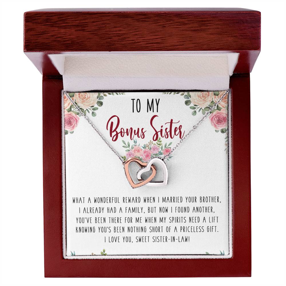 To My Bonus Sister Interlocking Hearts Necklace Message Card