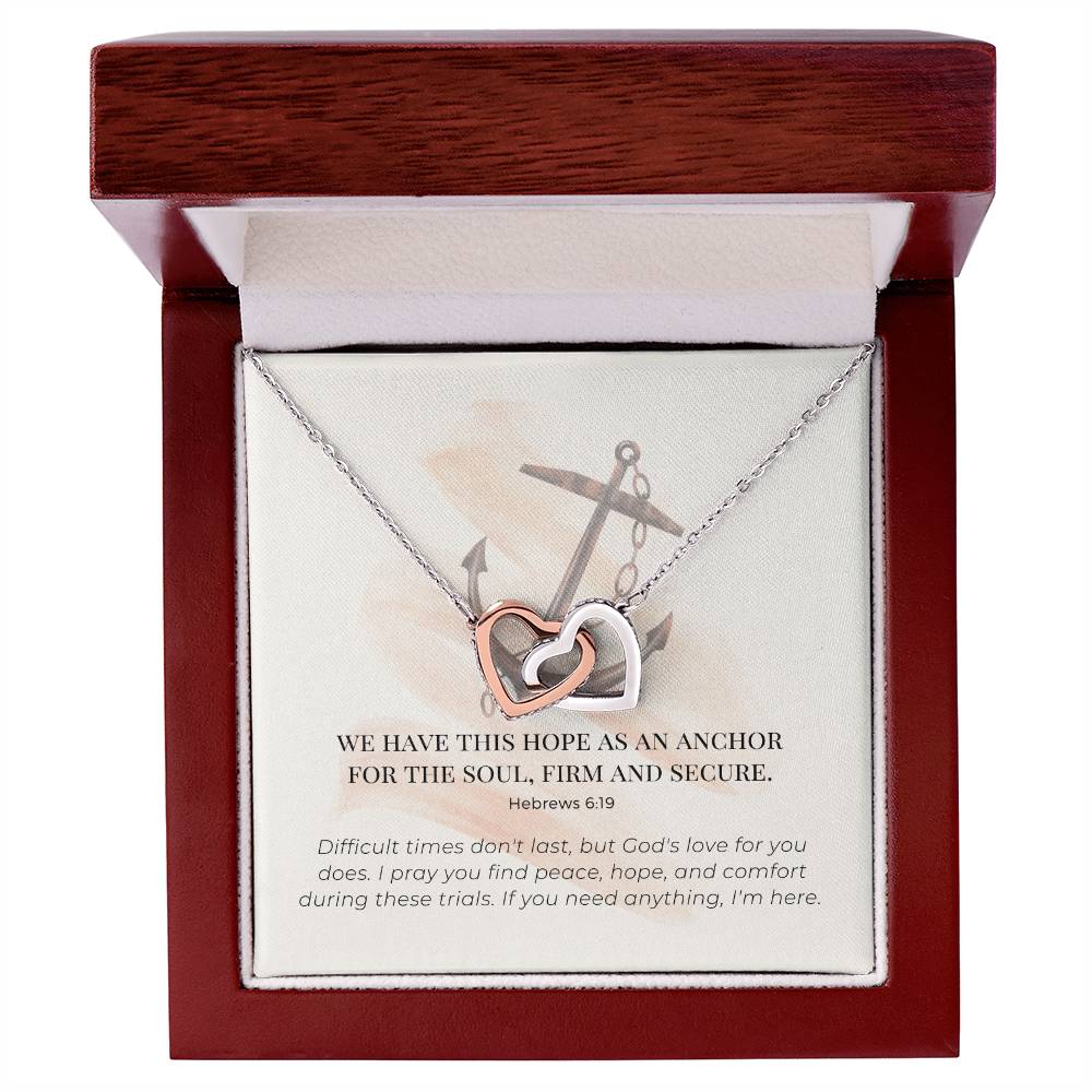 Scripture Encouragement Interlocking Hearts Necklace Hebrews 619 Cream Brush