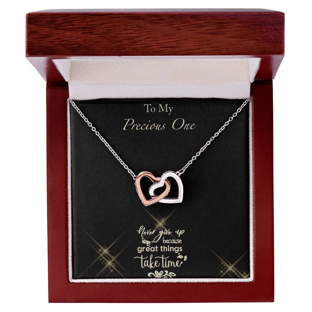 Never Give Up - Black Background Interlocking Hearts Necklace