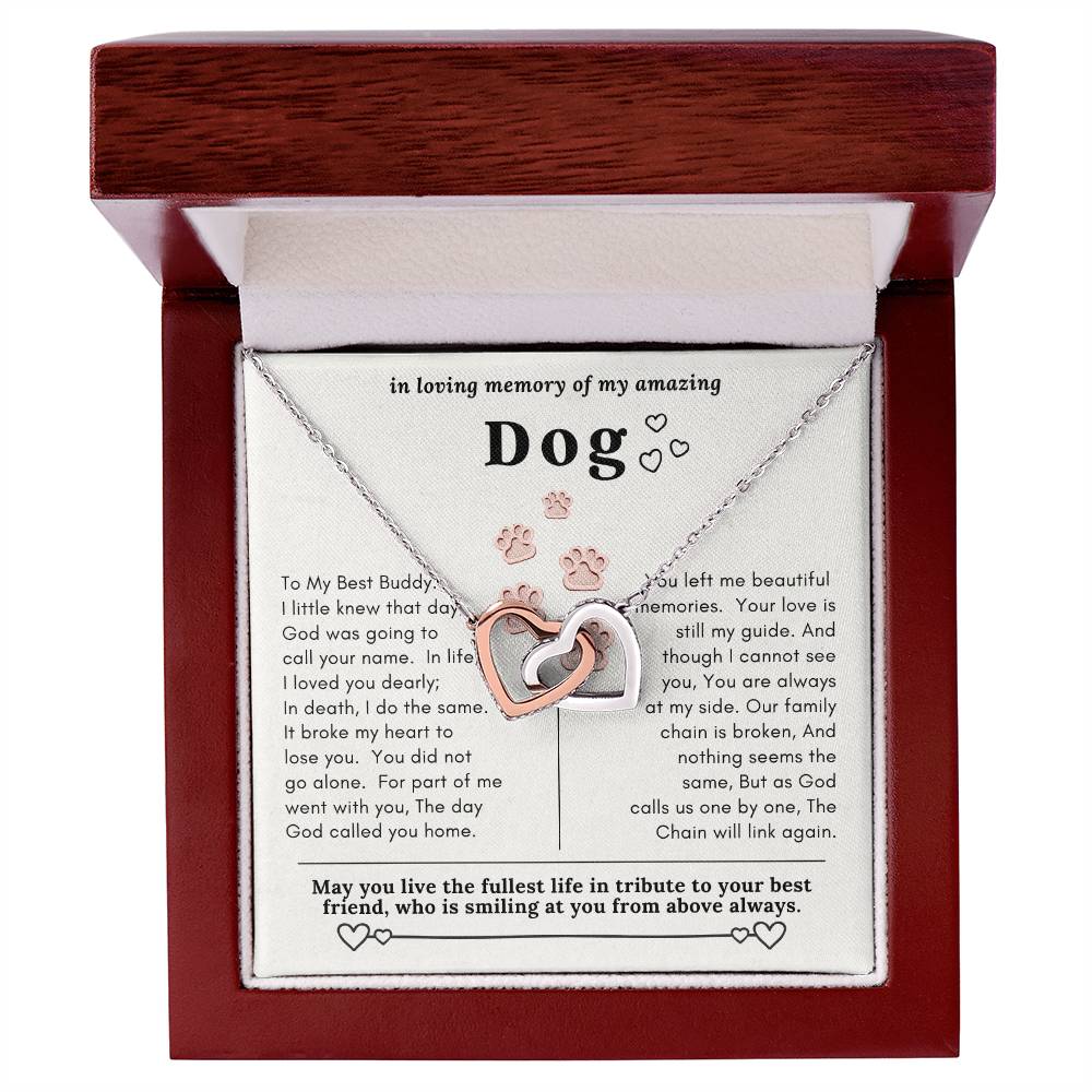 Dog Memorial In Loving Memory Necklace Set Message Card Jewelry Box Interlocking Hearts Necklace