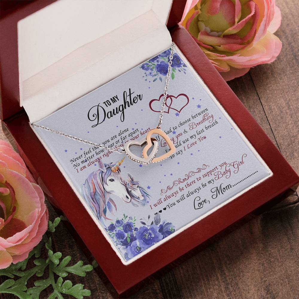 To My Daughter Unicorn Interlocking Hearts Necklace Birthday Message Card