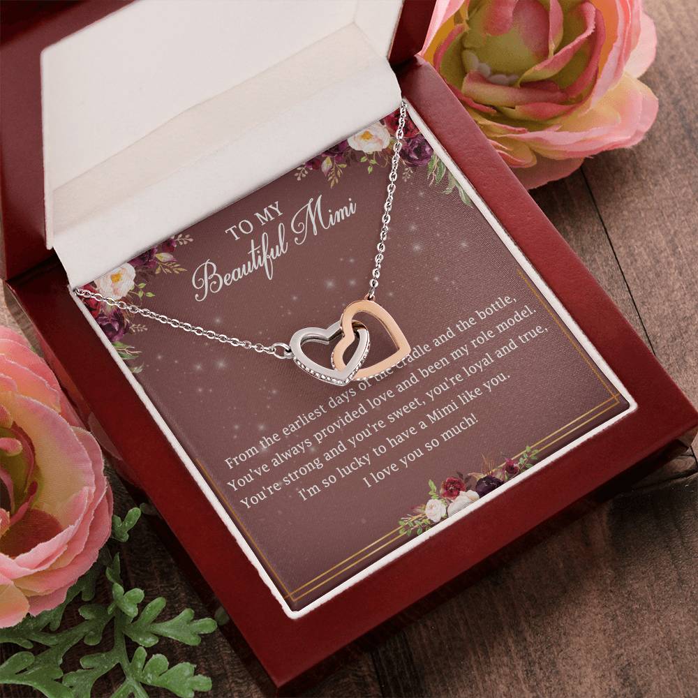 To My Beautiful Mimi Interlocking Hearts Necklace Message Card