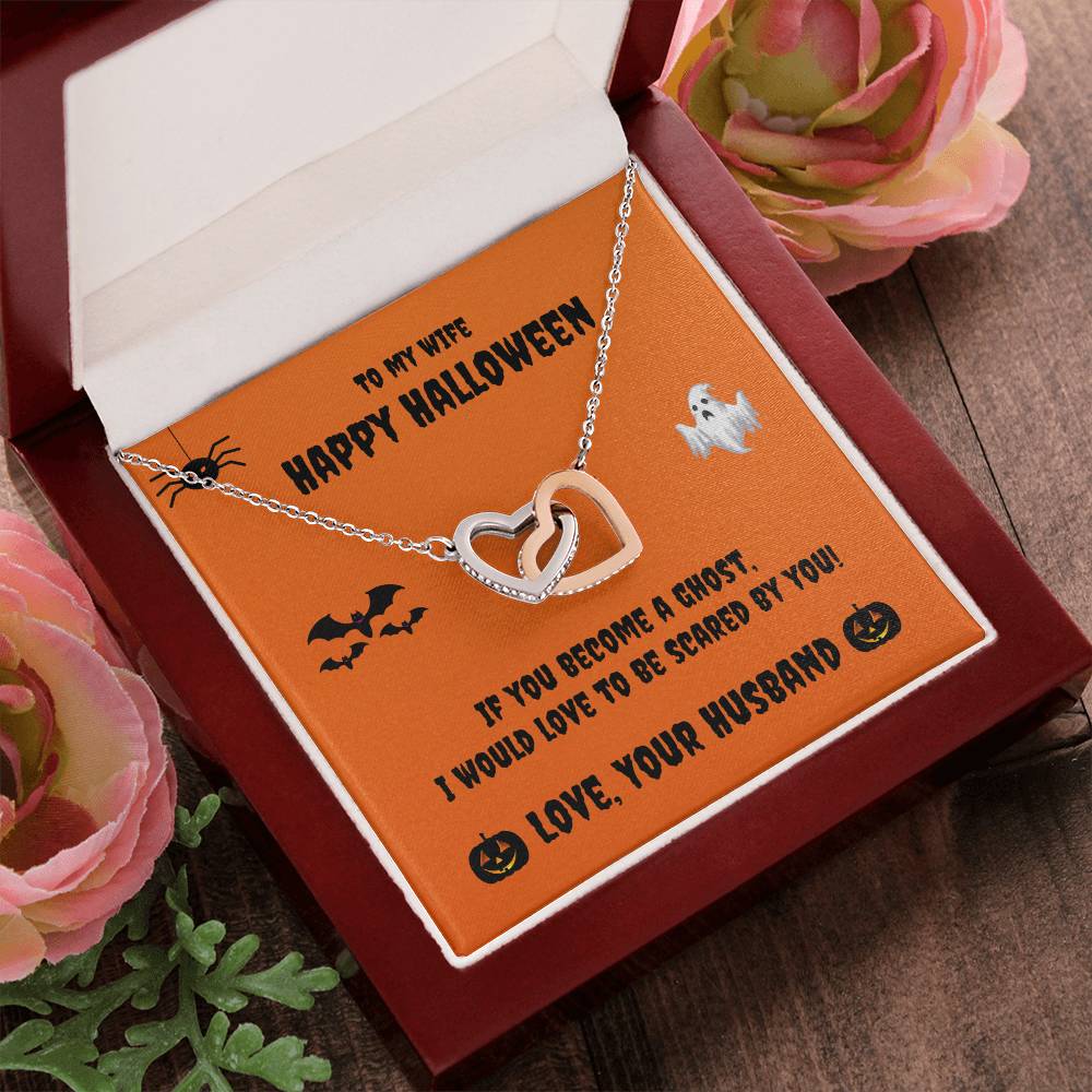 Two Hearts Necklace - Happy Halloween - To My Wife Cubic Zirconia Interlocking Hearts Necklace
