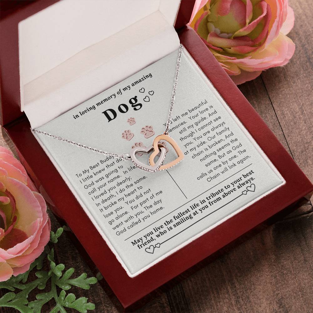Dog Memorial In Loving Memory Necklace Set Message Card Jewelry Box Interlocking Hearts Necklace